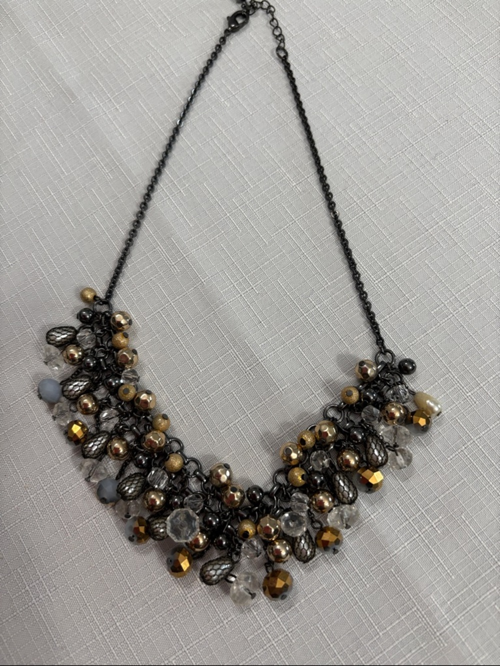 Gunmetal Statement Necklace with Gold & Clear Beads
